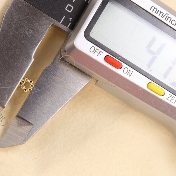 14K Solid Gold Circle Stud Earrings with Multicolor CZ · 4mm Dainty Design. - Picture 7 of 8